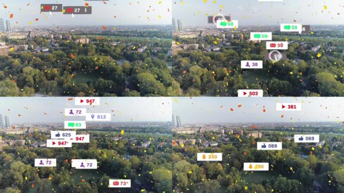 五彩纸屑落在漂浮在城市景观上的多个语音气泡上的社交媒体图标上