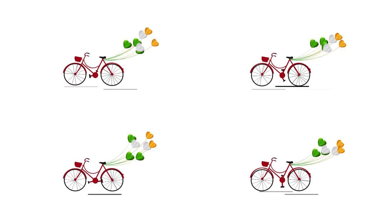 庆祝印度独立日快乐，自行车与气球图标动画。