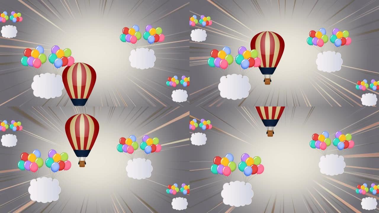 彩色气球在灰色背景上与云和热气球一起飞行的动画