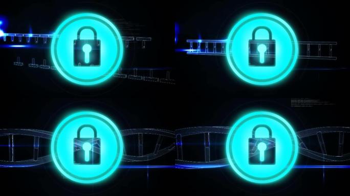 暗背景上的dna链动画和在线安全挂锁