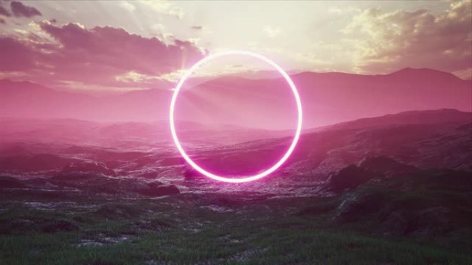 日落4k在雾蒙蒙的景观上发光的粉红色圆圈光