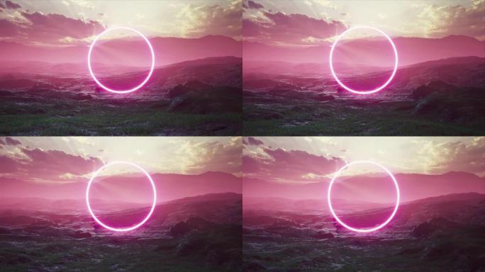 日落4k在雾蒙蒙的景观上发光的粉红色圆圈光