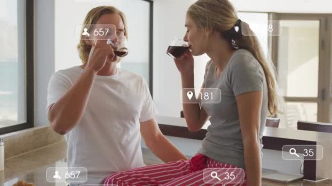 在海边喝咖啡的白种人夫妇的横幅上的社交媒体图标动画