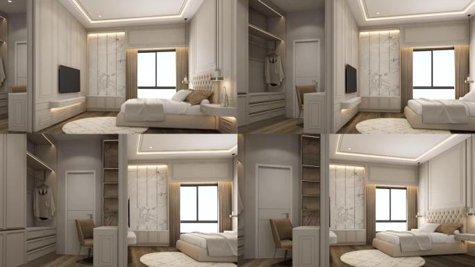 室内设计现代经典风格的卧室，白色喷漆木材和金色纹理，白色家具套装3d渲染室内