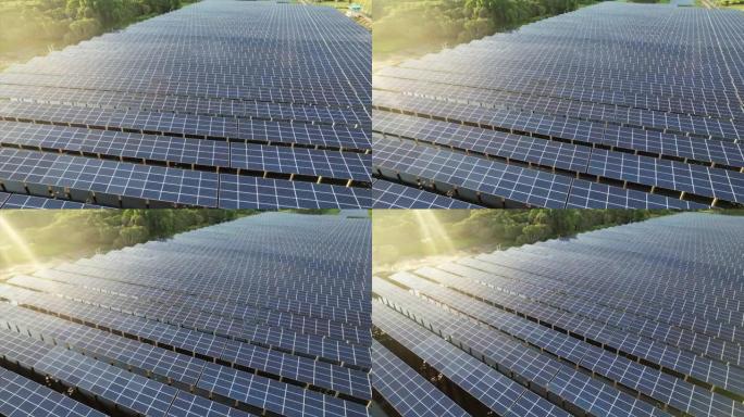 太阳能农场的空中俯视图，带有用于产生可再生电力的阳光电池。节能和替代电源的概念