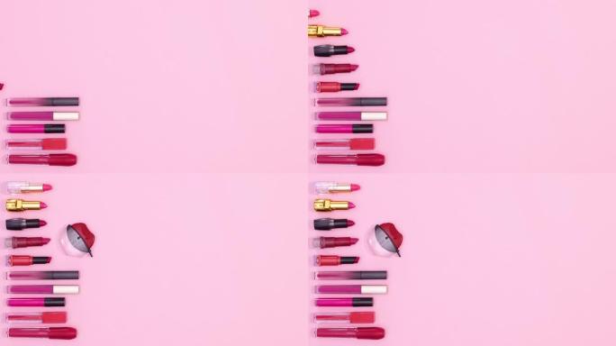 化妆唇膏出现在柔和的粉红色主题的右侧。停止运动