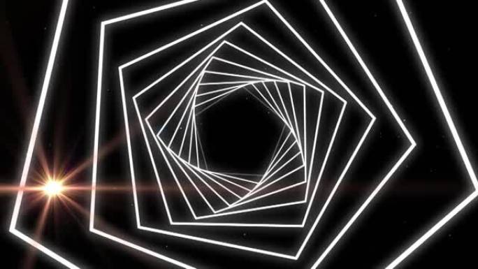 六边形形状在黑色背景上针对光斑进行无缝运动旋转