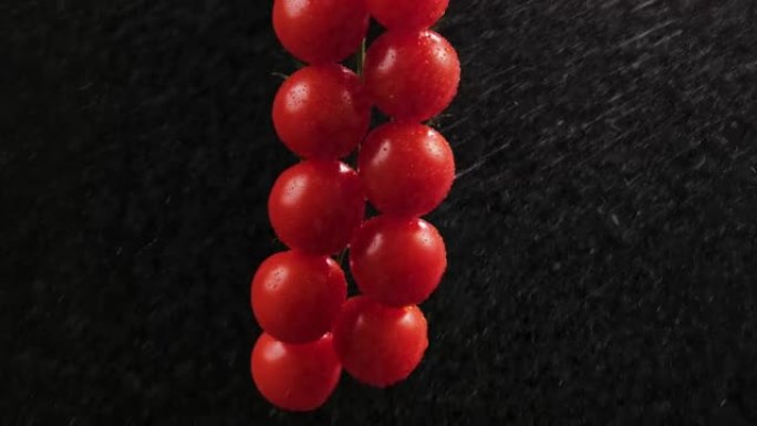 红色成熟的西红柿聚集在超级慢动作中，通过水滴浇水。一堆撒上水的湿西红柿。柔和的工作室照明中的黑色背景