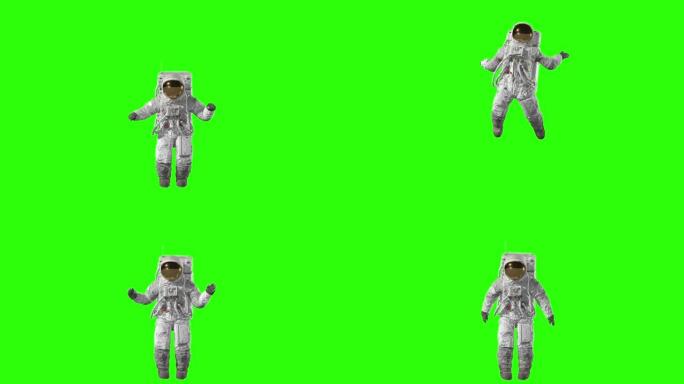 宇航员在绿色屏幕上跳跃。