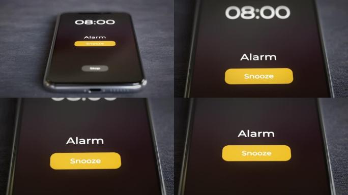 桌子上的智能手机显示闹钟响上午8:00特写镜头4k