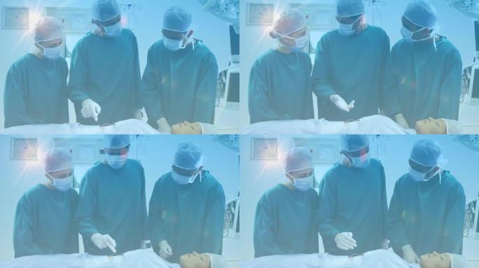 在医院戴口罩的外科医生身上发光的动画