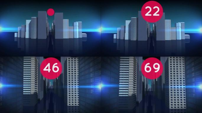 3d城市模型上的红色圆形横幅上的数字不断增加，蓝色背景上的灯光痕迹