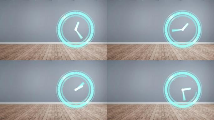 灰色和木制背景上的复制空间快速移动时钟动画