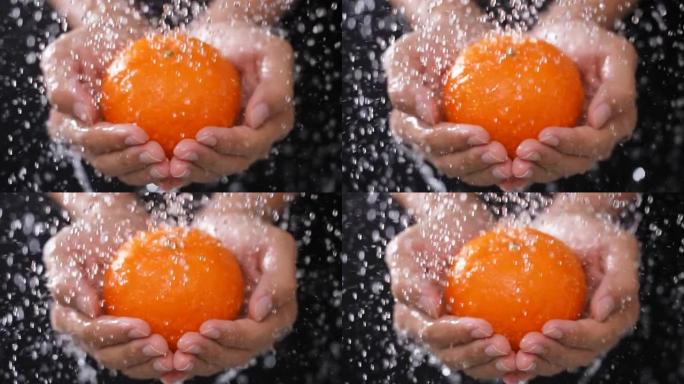 农场的新鲜水果水滴溅到有机橙子上