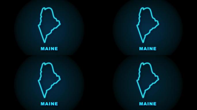 美国缅因州霓虹灯地图，阿拉巴马州轮廓。蓝色发光轮廓。运动图形。