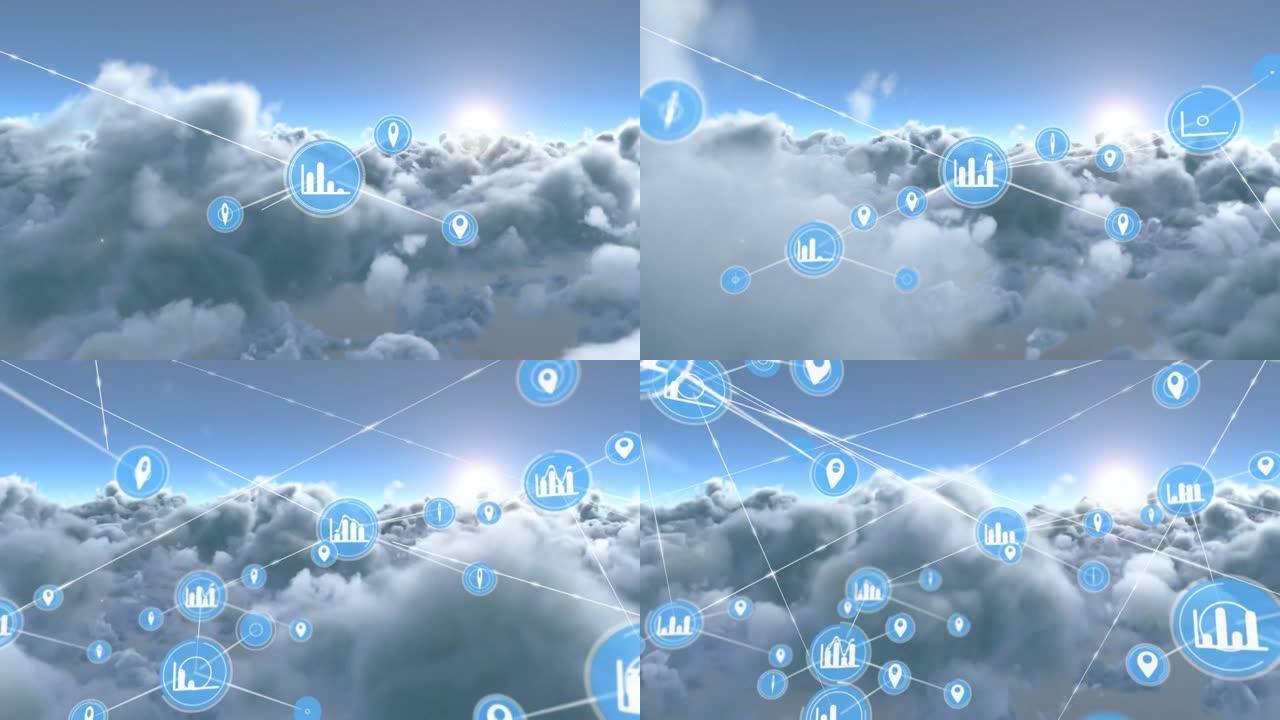 云和天空上带有图标的连接网络动画