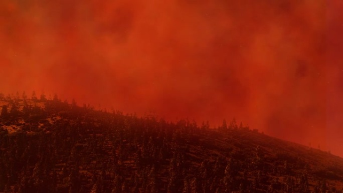 巨大的浓烟和熊熊野火燃烧的余烬弥漫在山上的天空