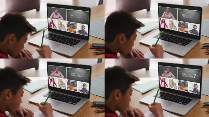 小学生在家中使用笔记本电脑进行在线课程，屏幕上有不同的老师和班级