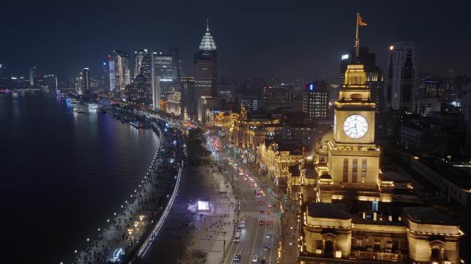 航拍上海外滩夜景-万国建筑群