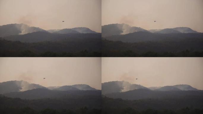 直升机和消防队员向野火森林的火场喷水
