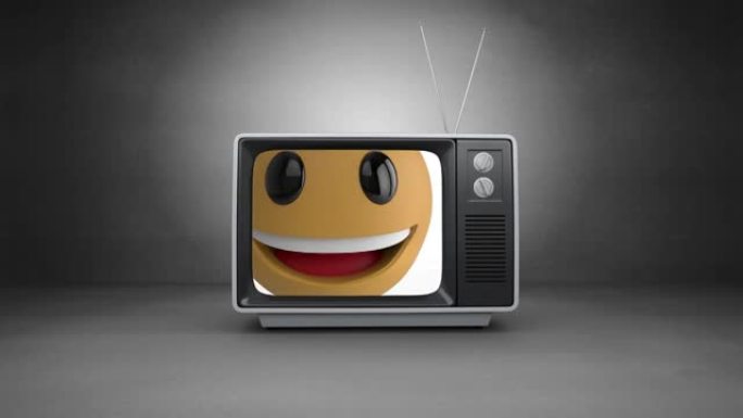 灰色背景下电视屏幕上笑脸表情符号的数字动画