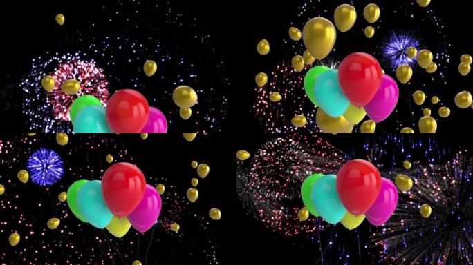 黑色背景上漂浮的多彩多重烟花气球动画