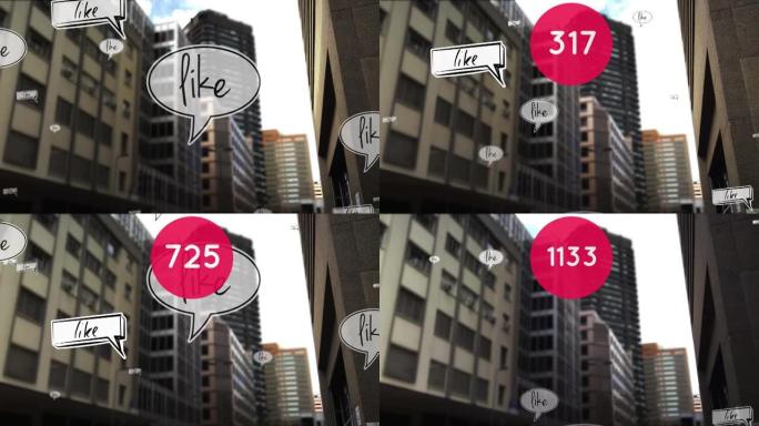 在圆形横幅上增加数字，在高层建筑上增加多个语音气泡上的文字