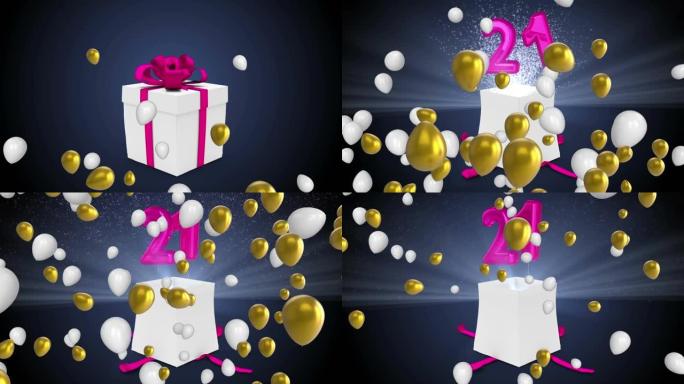 白色和金色气球的动画在礼品盒打开，释放粉红色的数字21