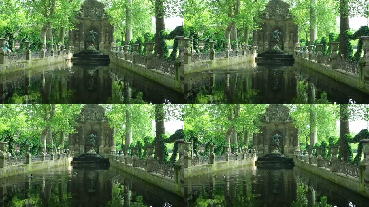 鸭子在卢森堡花园的美第奇喷泉盆地的表面上。