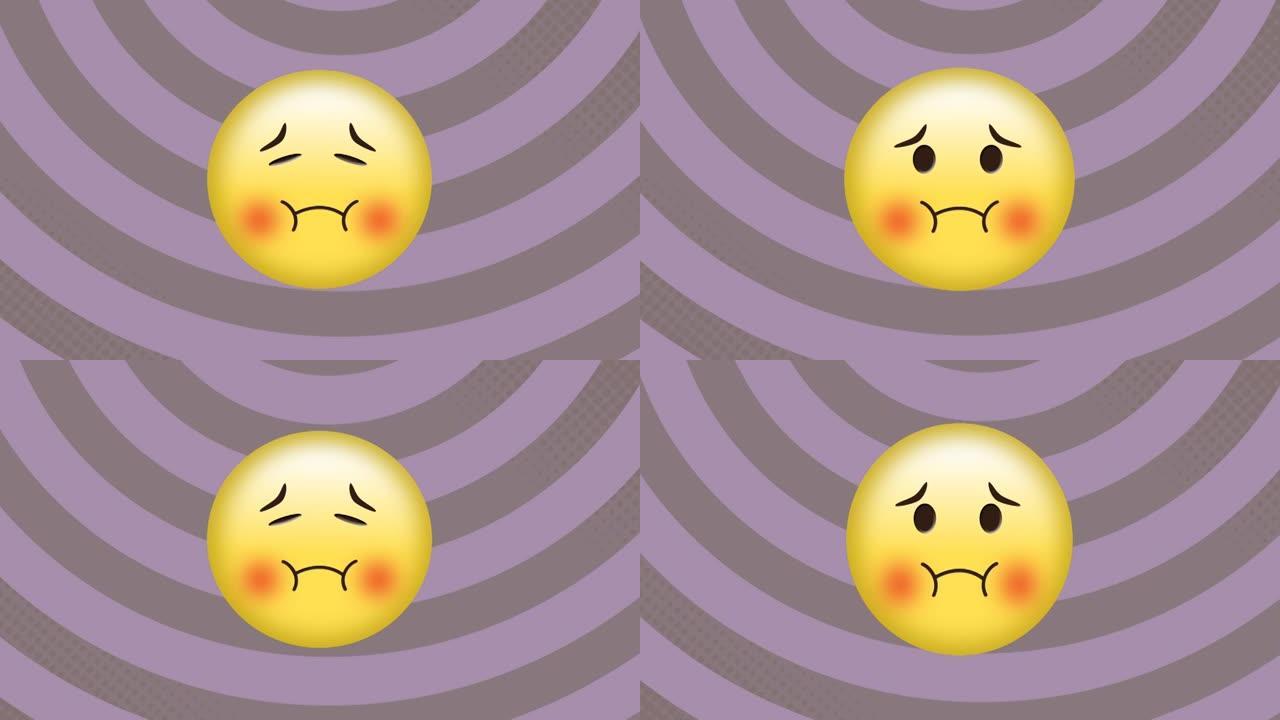 生病表情符号的数字动画，以防止紫色背景上旋转的螺旋