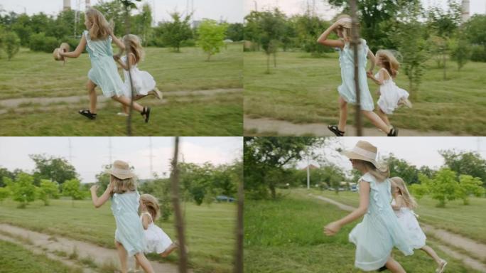 戴帽子的快乐女孩在绿园儿童的梦想中奔跑