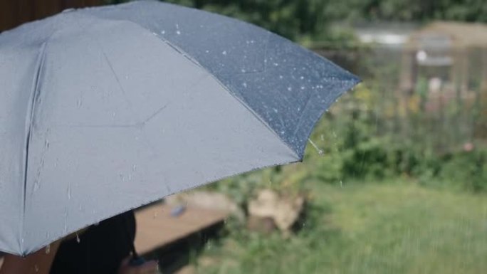 晴天的夏雨。水滴从灰色雨伞的表面流下