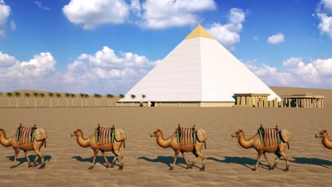 卡通骆驼商队穿越沙漠，靠近古埃及的胡夫大金字塔。