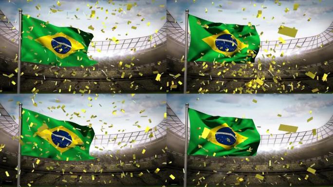 金色五彩纸屑在背景下向体育馆挥舞着巴西国旗