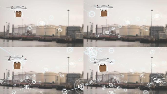 带包裹的无人机上的图标连接网络动画