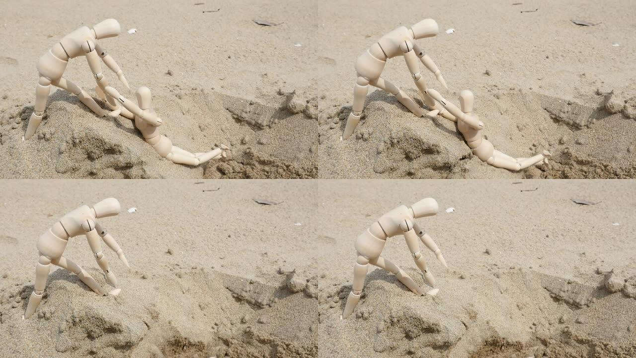 德桑娃娃坠落但从沙山山顶坠落的慢动作视频