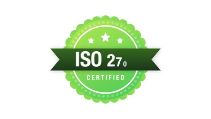 ISO 27001认证徽章，图标。认证盖章。运动图形。