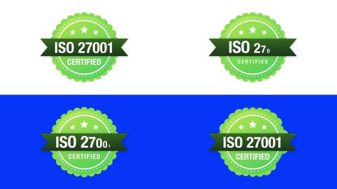 ISO 27001认证徽章，图标。认证盖章。运动图形。