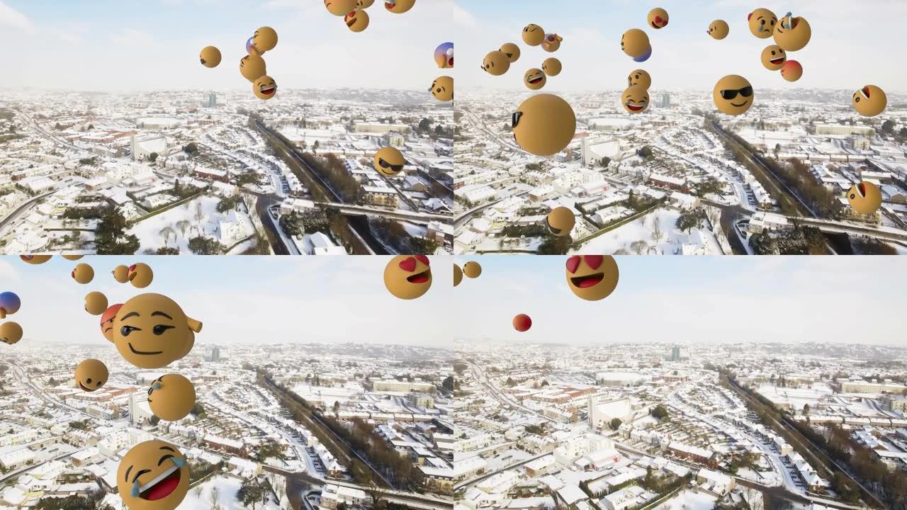 漂浮在冰雪覆盖的城市景观鸟瞰图上的多面表情符号的数字组成