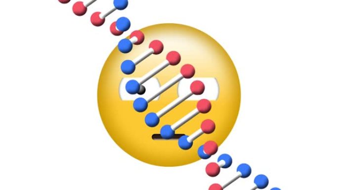 dna结构的数字动画在白色背景下在混乱的表情符号上旋转