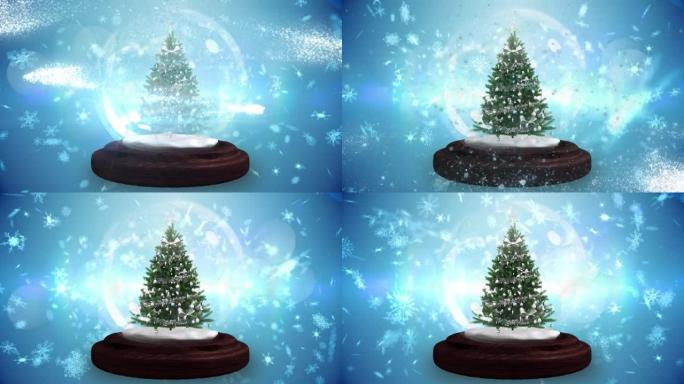 雪球中的圣诞树动画，雪花飘落，蓝色发光