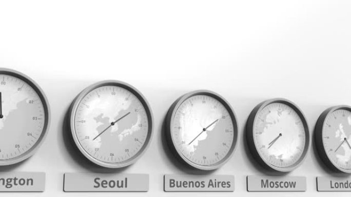 时钟显示阿根廷布宜诺斯艾利斯不同时区的时间。概念3D动画