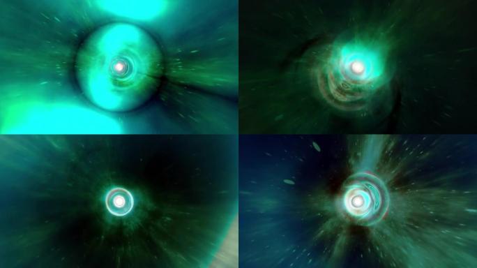 通过时空涡旋的抽象辉光绿色红色超空间隧道。4K 3D循环科幻星际旅行穿过超空间中的虫洞。星云超新星光