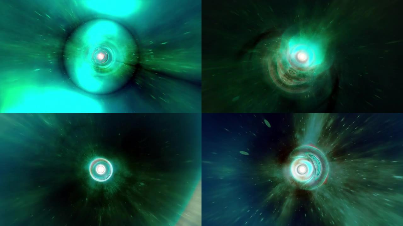 通过时空涡旋的抽象辉光绿色红色超空间隧道。4K 3D循环科幻星际旅行穿过超空间中的虫洞。星云超新星光