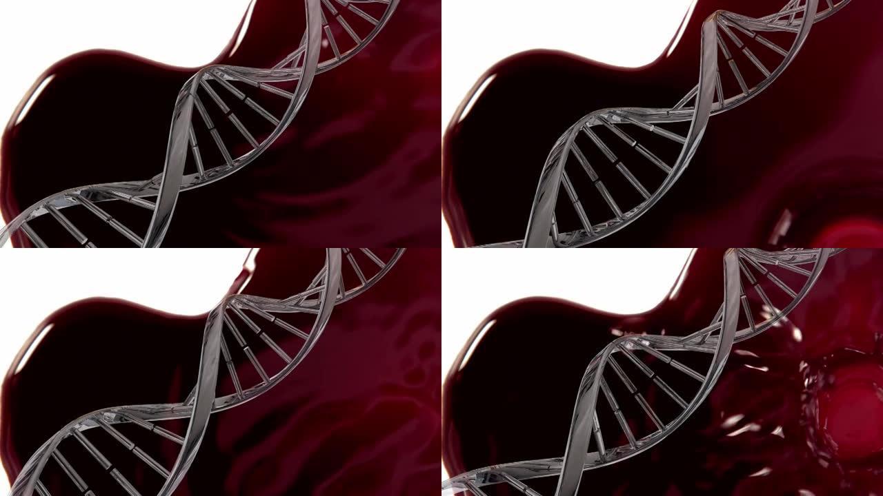 dna链在红色液体背景上旋转的动画