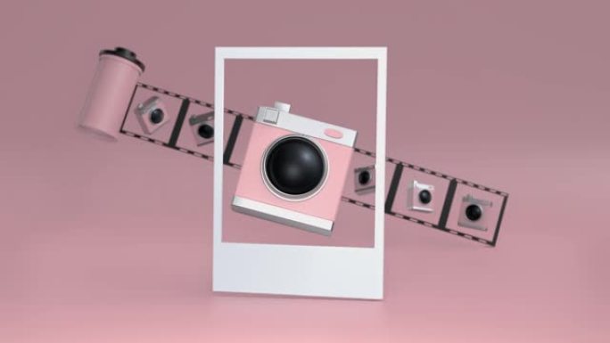 3d渲染运动中的模拟粉色相机视频，带有照片卷轴、旅行和摄影概念