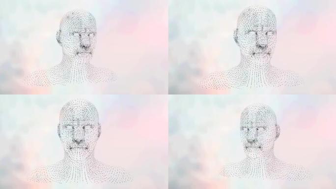 在云层背景上旋转的灰色粒子形成的人头动画