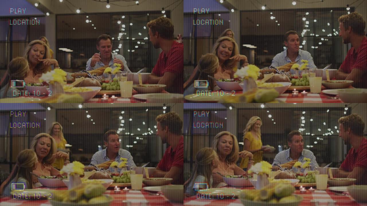 带数字接口拍摄高加索家庭一起吃饭的摄像机屏幕动画