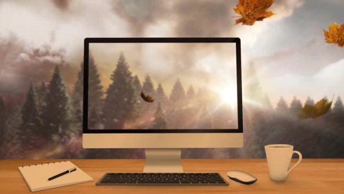 树叶落在电脑屏幕和森林上的动画