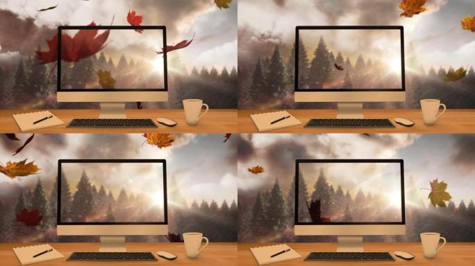 树叶落在电脑屏幕和森林上的动画